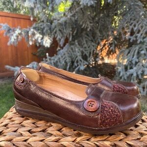 Dansko Women's Brown Leather Pam Low Wedge Slip on Loafers with button knit trim